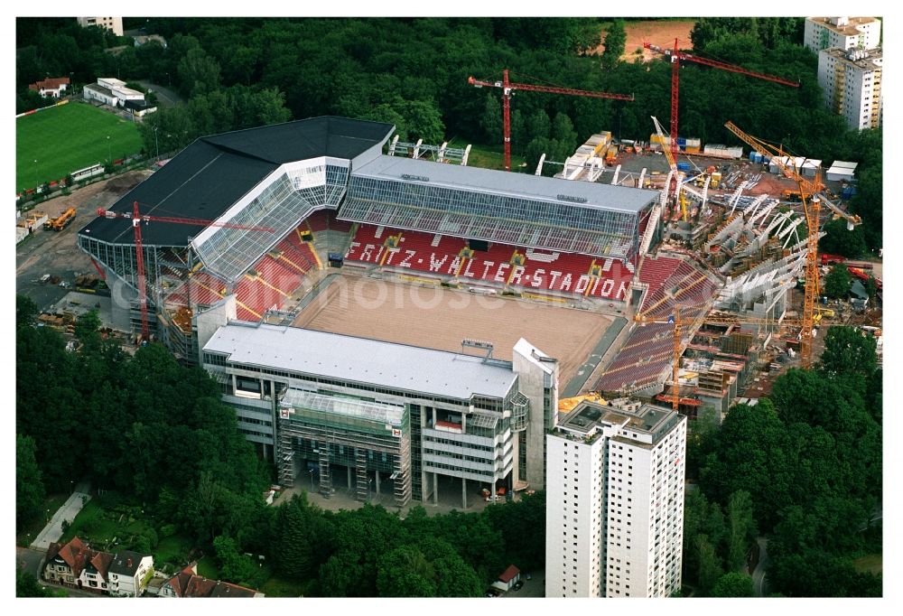 Kaiserslautern from the bird's eye view: Construction site of sports facility grounds of the Arena stadium Fritz-Walter-Stadion in destrict Betzenberg on Fritz-Walter-Strasse in Kaiserslautern in the state Rhineland-Palatinate, Germany