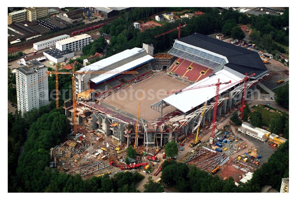 Kaiserslautern from above - Construction site of sports facility grounds of the Arena stadium Fritz-Walter-Stadion in destrict Betzenberg on Fritz-Walter-Strasse in Kaiserslautern in the state Rhineland-Palatinate, Germany