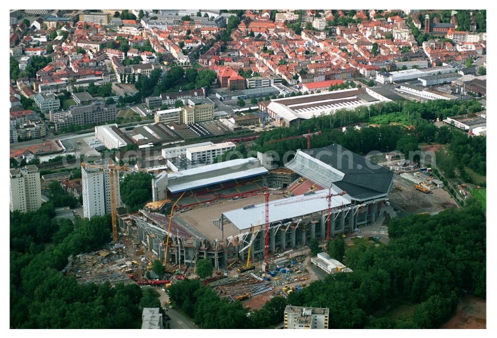 Kaiserslautern from the bird's eye view: Construction site of sports facility grounds of the Arena stadium Fritz-Walter-Stadion in destrict Betzenberg on Fritz-Walter-Strasse in Kaiserslautern in the state Rhineland-Palatinate, Germany