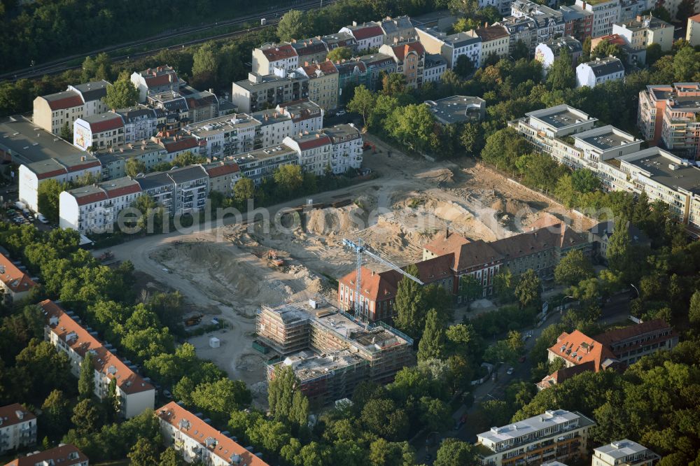 Berlin from the bird's eye view: Construction for the reconstruction and expansion of the old buildings listed building on Mariendorfer Weg in the district Neukoelln in Berlin