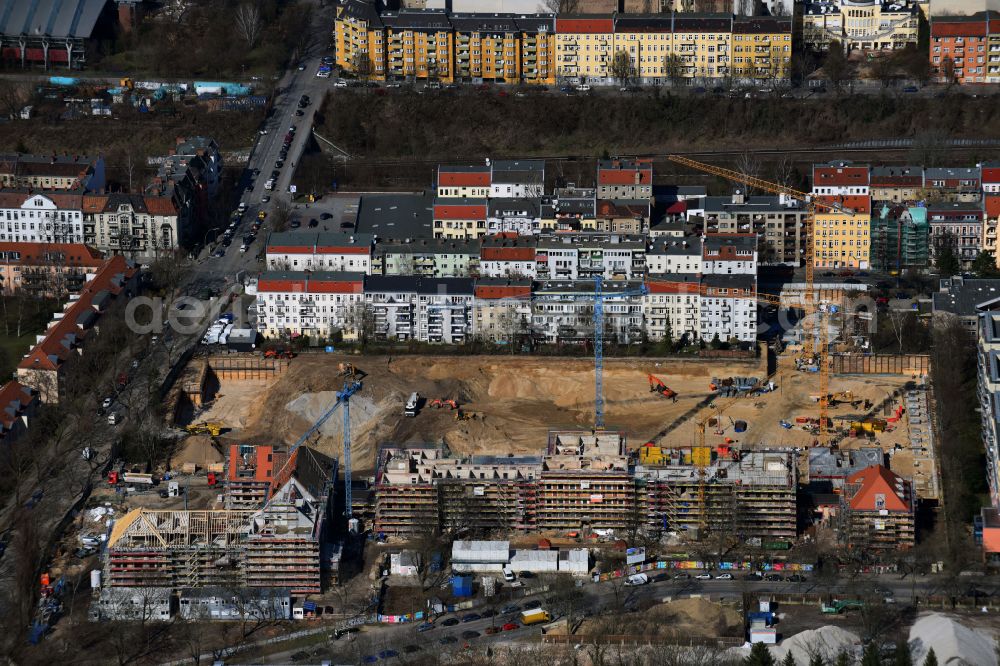 Berlin from above - Construction for the reconstruction and expansion of the old buildings listed building on Mariendorfer Weg in the district Neukoelln in Berlin