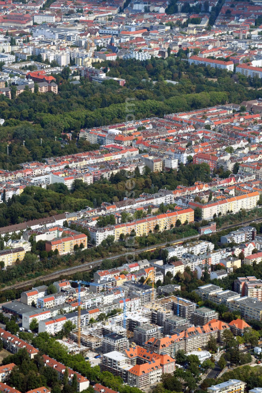 Berlin from the bird's eye view: Construction for the reconstruction and expansion of the old buildings listed building on Mariendorfer Weg in the district Neukoelln in Berlin