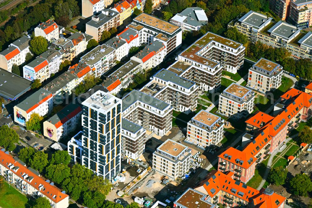 Aerial image Berlin - Construction for the reconstruction and expansion of the old buildings listed building on Mariendorfer Weg in the district Neukoelln in Berlin