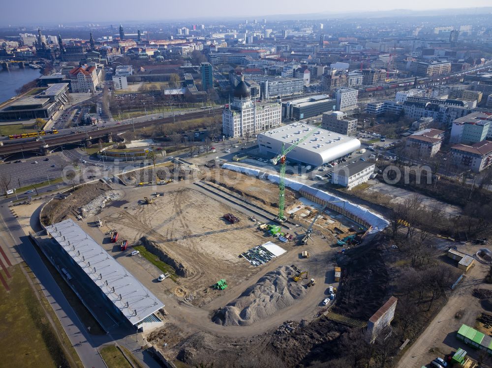 Dresden from the bird's eye view: Extension and conversion site on the sports ground of the stadium Heinz-Steyer-Stadion on street Pieschener Allee in the district Friedrichstadt in Dresden in the state Saxony, Germany