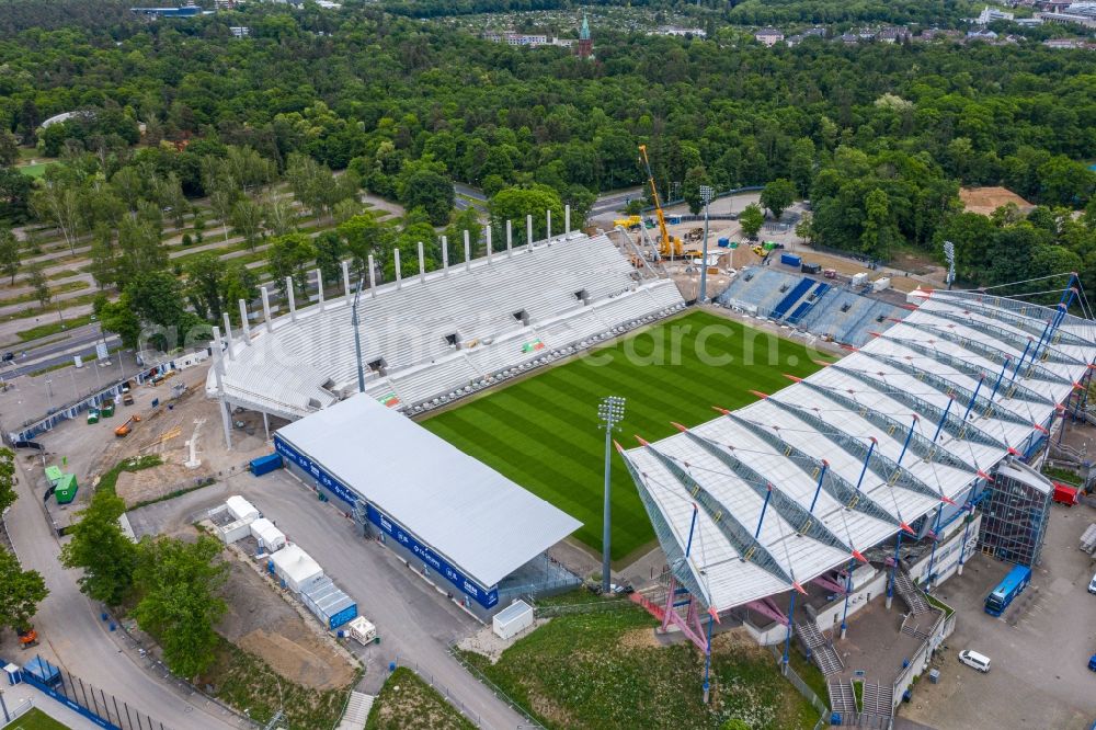 Karlsruhe from the bird's eye view: Extension and conversion site on the sports ground of the stadium Wildparkstadion in Karlsruhe in the state Baden-Wurttemberg, Germany