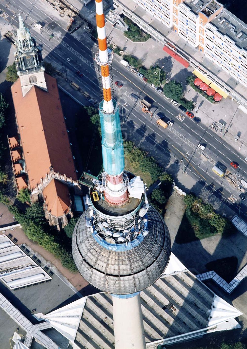 Aerial photograph Berlin - Umbau des Berliner Fernsehturmes am Alexanderplatz.