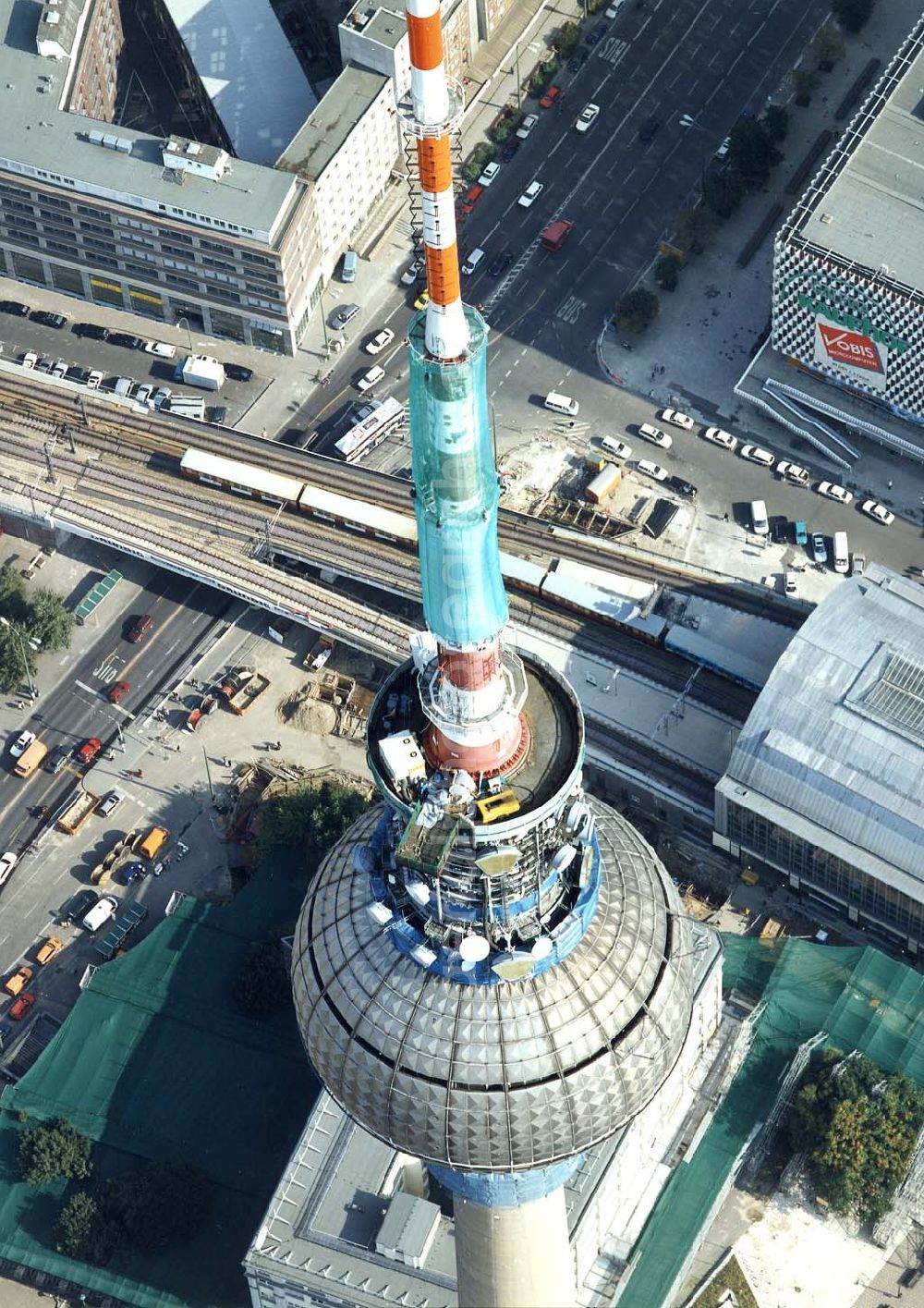 Aerial photograph Berlin - Umbau des Berliner Fernsehturmes am Alexanderplatz.