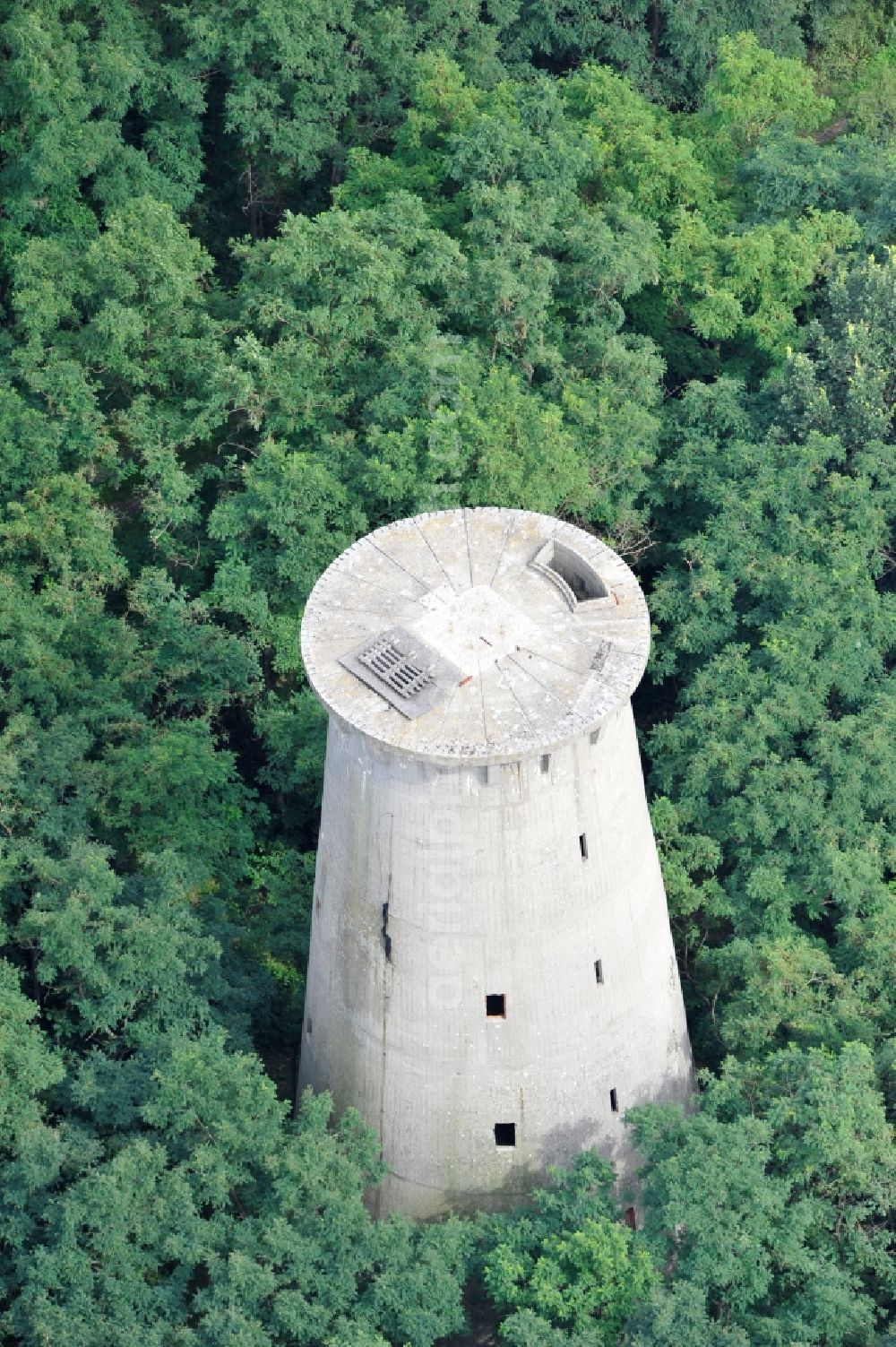 Weesow from above - Reconstruction of the concrete tower of the formally militarily used property Radarturm Weesow in Weesow in the state of Brandenburg, Germany