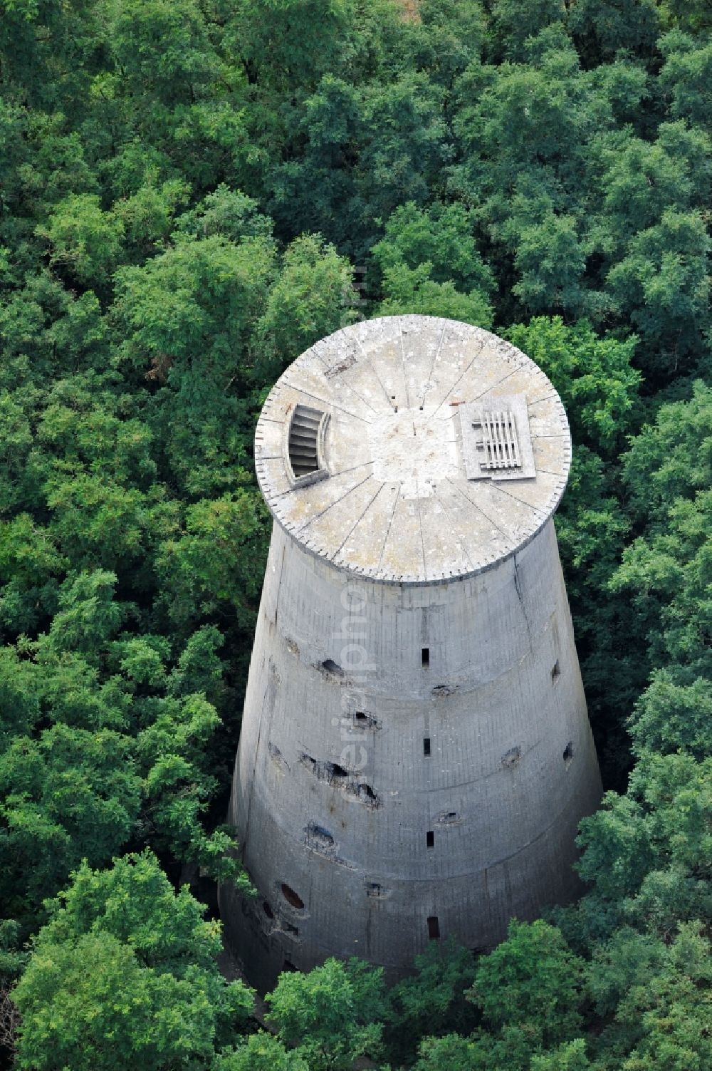 Weesow from above - Reconstruction of the concrete tower of the formally militarily used property Radarturm Weesow in Weesow in the state of Brandenburg, Germany