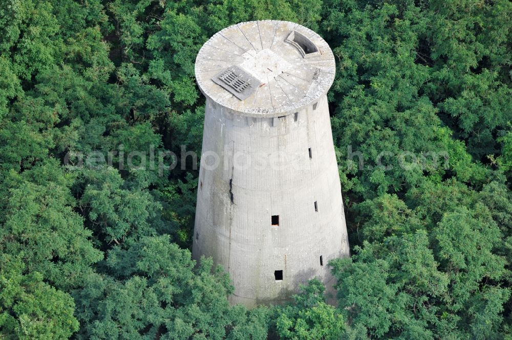 Weesow from above - Reconstruction of the concrete tower of the formally militarily used property Radarturm Weesow in Weesow in the state of Brandenburg, Germany