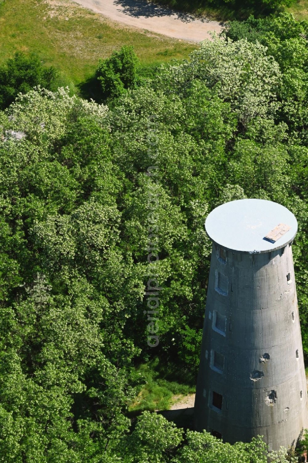 Weesow from above - Reconstruction of the concrete tower of the formally militarily used property Radarturm Weesow in Weesow in the state of Brandenburg, Germany