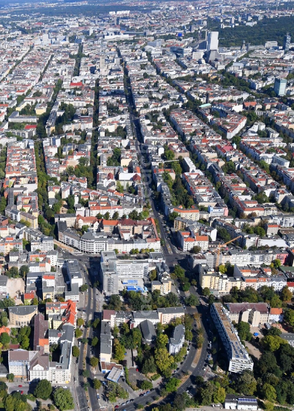 Berlin from above - Construction site for reconstruction and modernization and renovation of an office and commercial building on Blissestrasse in the district Wilmersdorf in Berlin, Germany