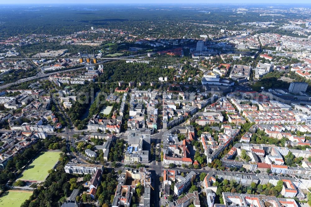 Aerial image Berlin - Construction site for reconstruction and modernization and renovation of an office and commercial building on Blissestrasse in the district Wilmersdorf in Berlin, Germany