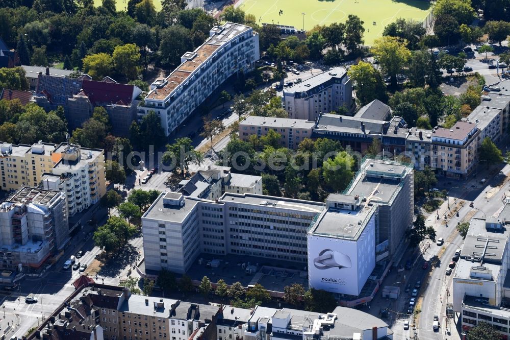 Berlin from the bird's eye view: Construction site for reconstruction and modernization and renovation of an office and commercial building on Blissestrasse in the district Wilmersdorf in Berlin, Germany