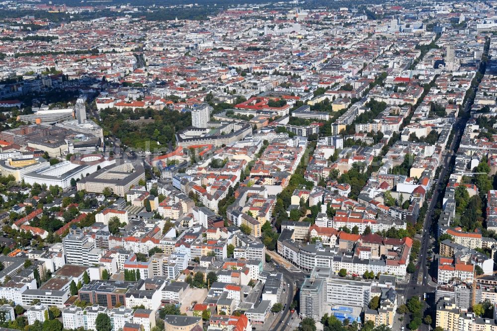 Aerial image Berlin - Construction site for reconstruction and modernization and renovation of an office and commercial building on Blissestrasse in the district Wilmersdorf in Berlin, Germany