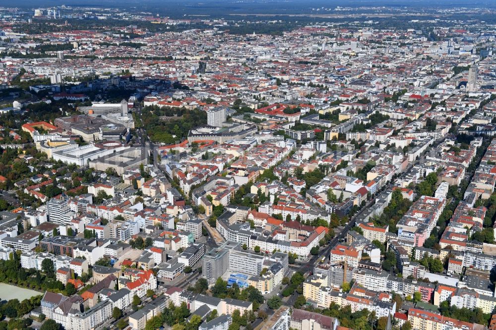 Berlin from above - Construction site for reconstruction and modernization and renovation of an office and commercial building on Blissestrasse in the district Wilmersdorf in Berlin, Germany