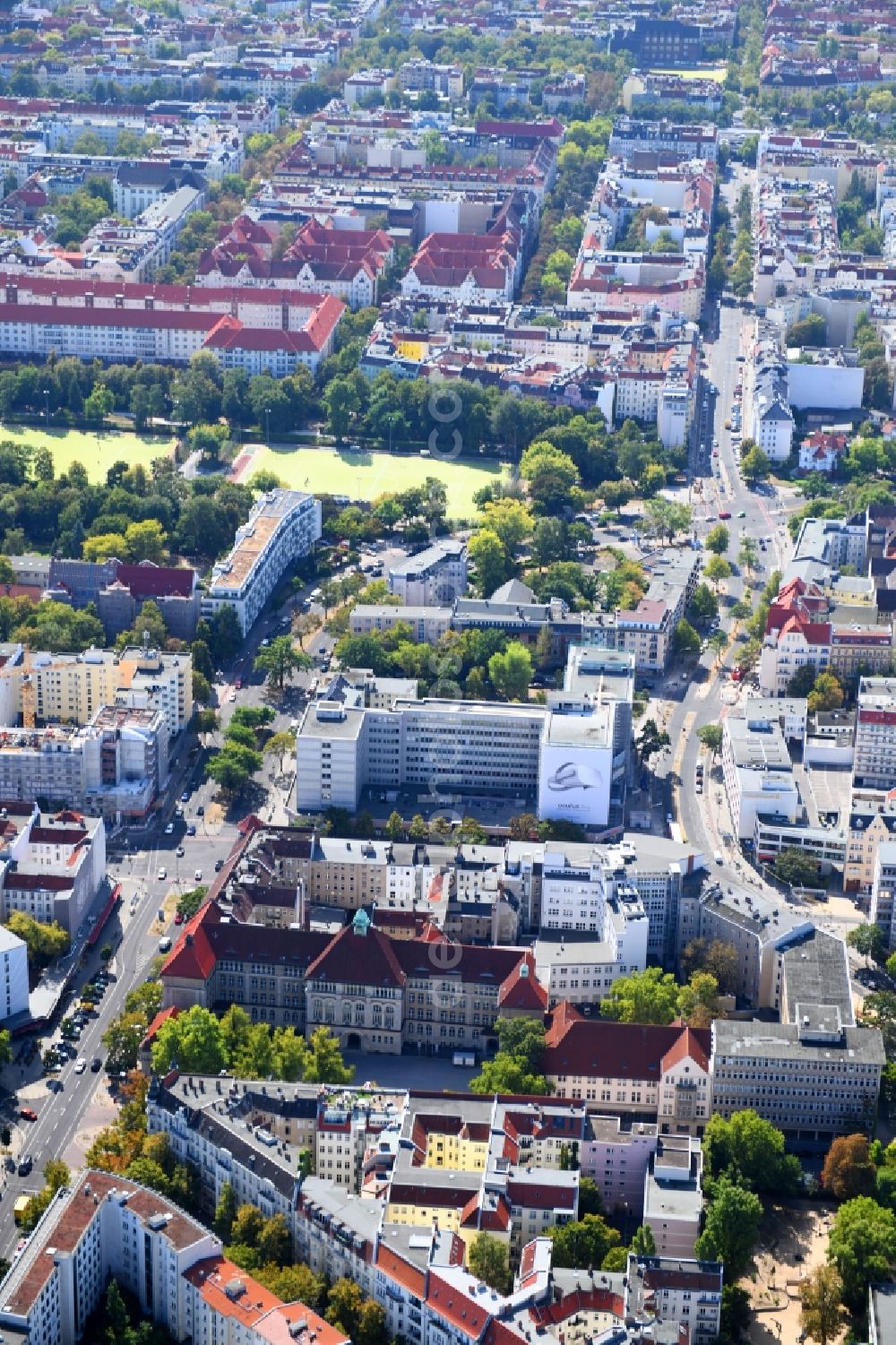 Aerial image Berlin - Construction site for reconstruction and modernization and renovation of an office and commercial building on Blissestrasse in the district Wilmersdorf in Berlin, Germany