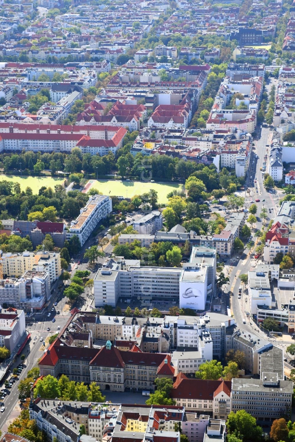 Berlin from above - Construction site for reconstruction and modernization and renovation of an office and commercial building on Blissestrasse in the district Wilmersdorf in Berlin, Germany