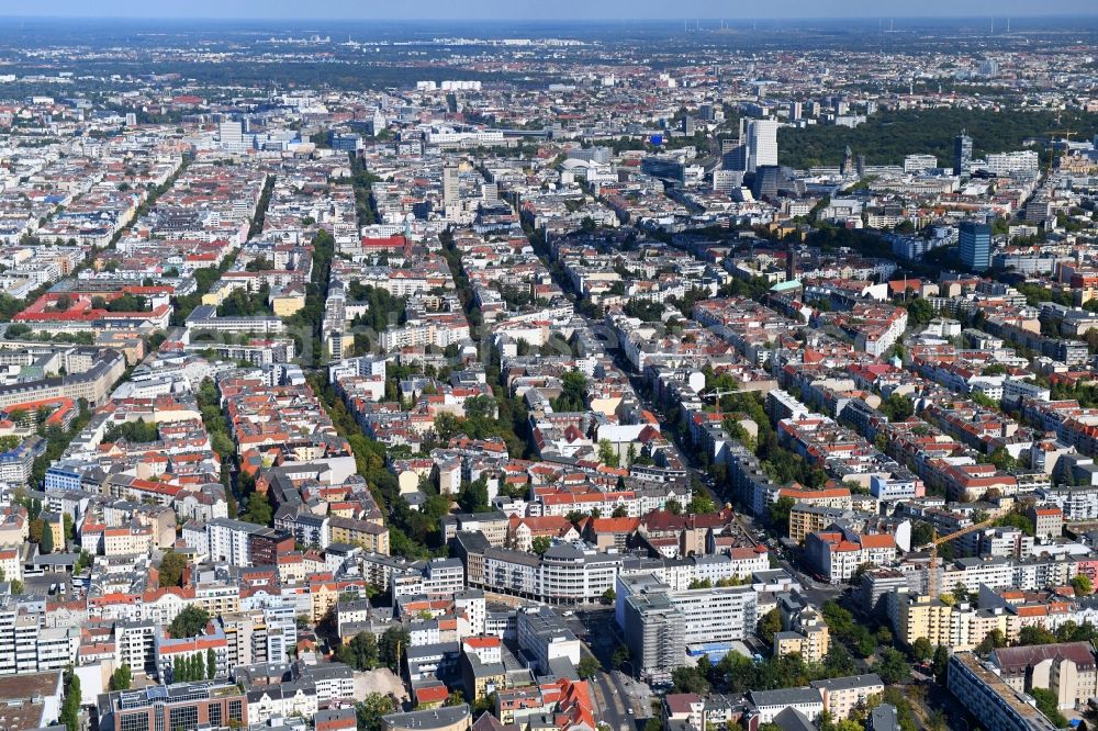 Aerial image Berlin - Construction site for reconstruction and modernization and renovation of an office and commercial building on Blissestrasse in the district Wilmersdorf in Berlin, Germany