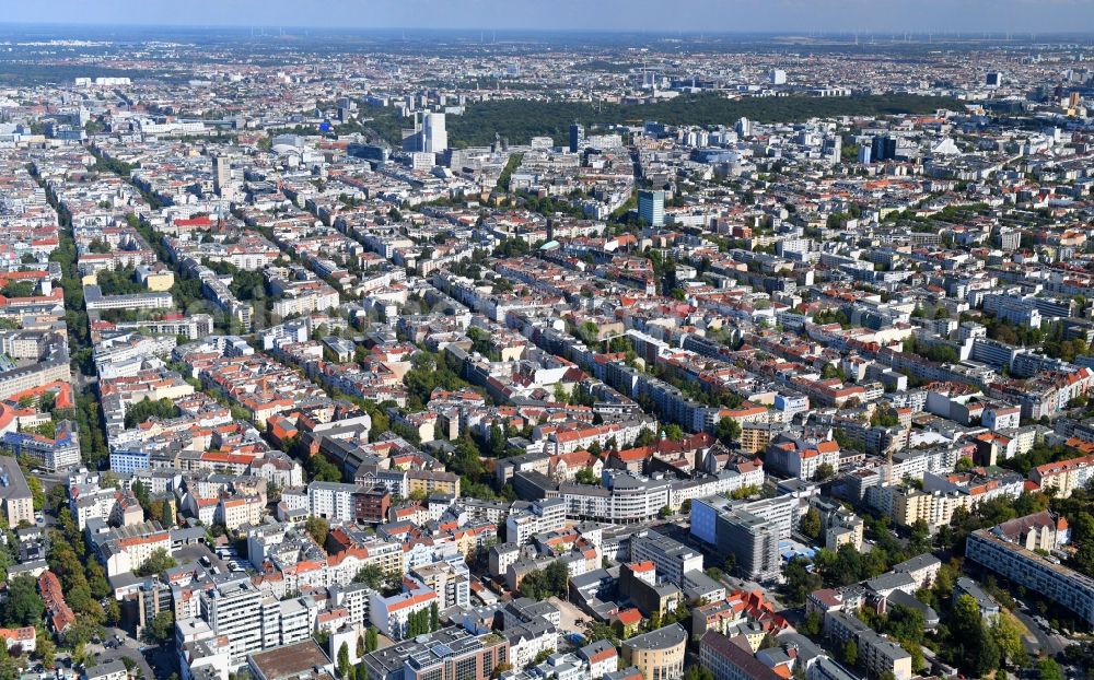 Aerial image Berlin - Construction site for reconstruction and modernization and renovation of an office and commercial building on Blissestrasse in the district Wilmersdorf in Berlin, Germany