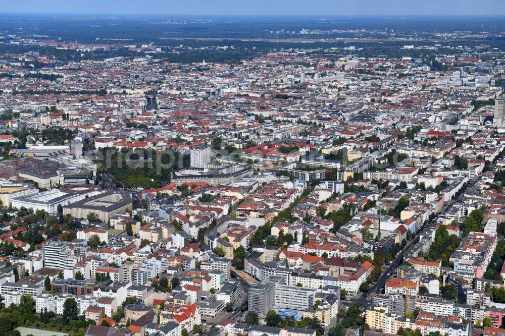 Aerial image Berlin - Construction site for reconstruction and modernization and renovation of an office and commercial building on Blissestrasse in the district Wilmersdorf in Berlin, Germany