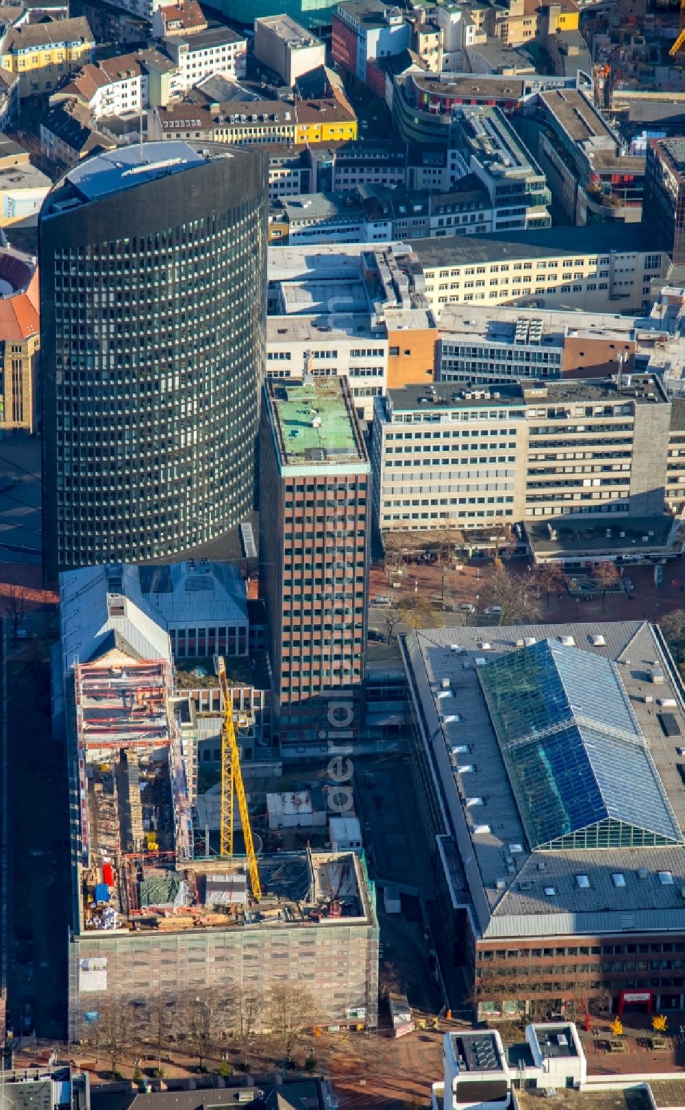 Dortmund from above - Construction site for reconstruction and modernization and renovation of an office and commercial building Dortberghau on Koenigswall - Max-Von-Der-Gruen-Platz in the district City-West in Dortmund in the state North Rhine-Westphalia, Germany