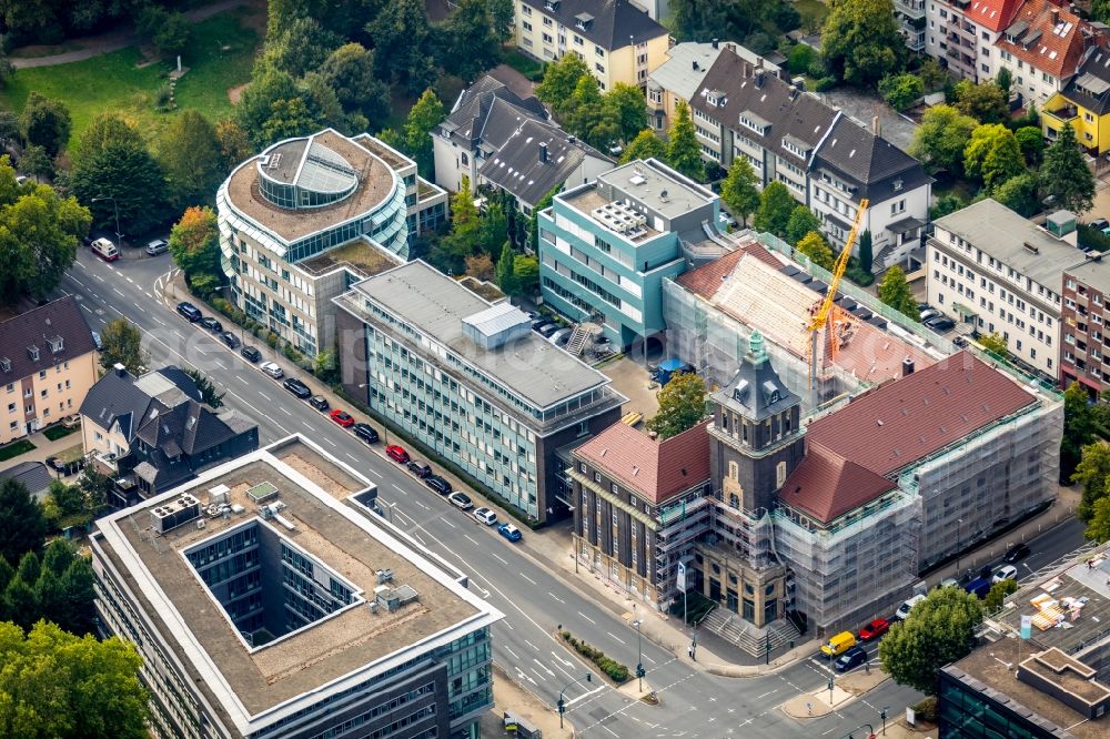 Aerial photograph Essen - Construction site for reconstruction and modernization and renovation of an office and commercial building of EMSCHERGENOSSENSCHAFT and LIPPEVERBAND on Kronprinzenstrasse in Essen in the state North Rhine-Westphalia, Germany