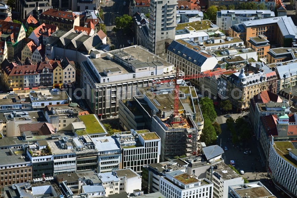 Stuttgart from above - Construction site for reconstruction and modernization and renovation of an office and commercial building on Koenigstrasse in Stuttgart in the state Baden-Wurttemberg, Germany