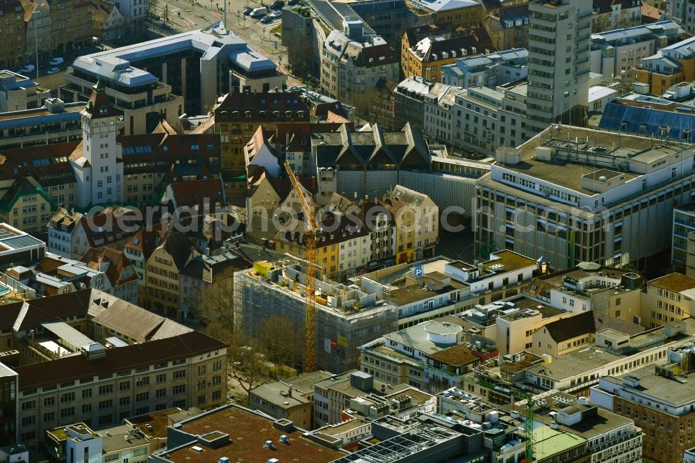 Aerial image Stuttgart - Construction site for reconstruction and modernization and renovation of an office and commercial building on Nadlerstrasse in the district Stadtzentrum in Stuttgart in the state Baden-Wuerttemberg, Germany