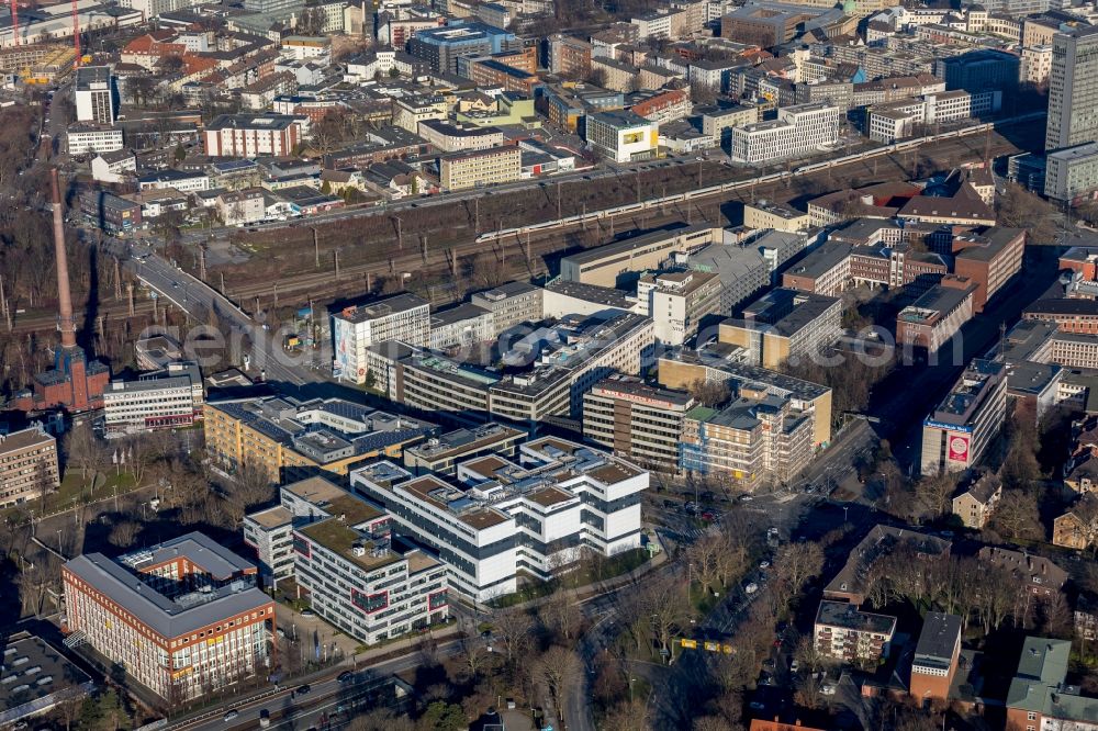 Essen from the bird's eye view: Construction site for reconstruction and modernization and renovation of the office and commercial building Osram Haus into a Boardinghouse in the district Suedviertel in Essen in the state North Rhine-Westphalia, Germany