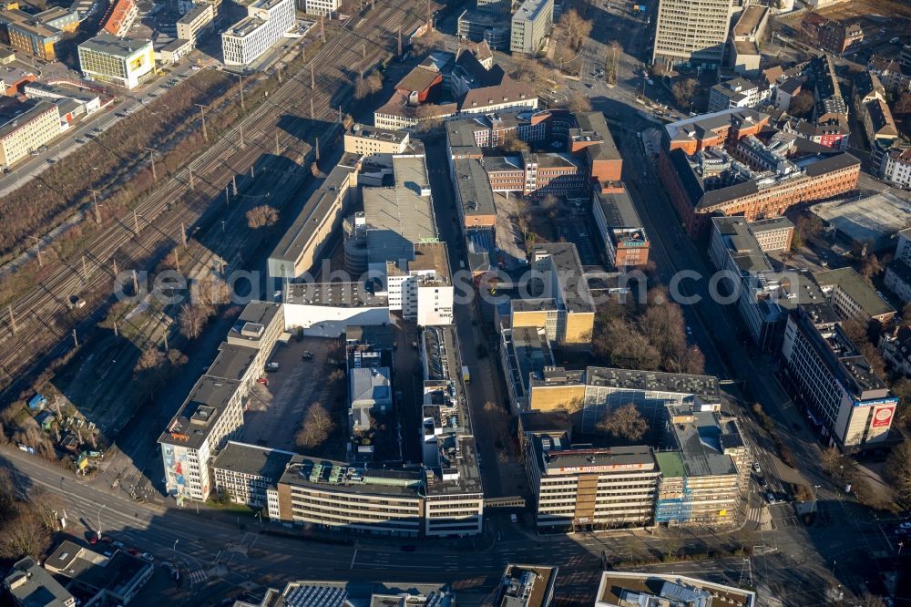 Essen from above - Construction site for reconstruction and modernization and renovation of the office and commercial building Osram Haus into a Boardinghouse in the district Suedviertel in Essen in the state North Rhine-Westphalia, Germany