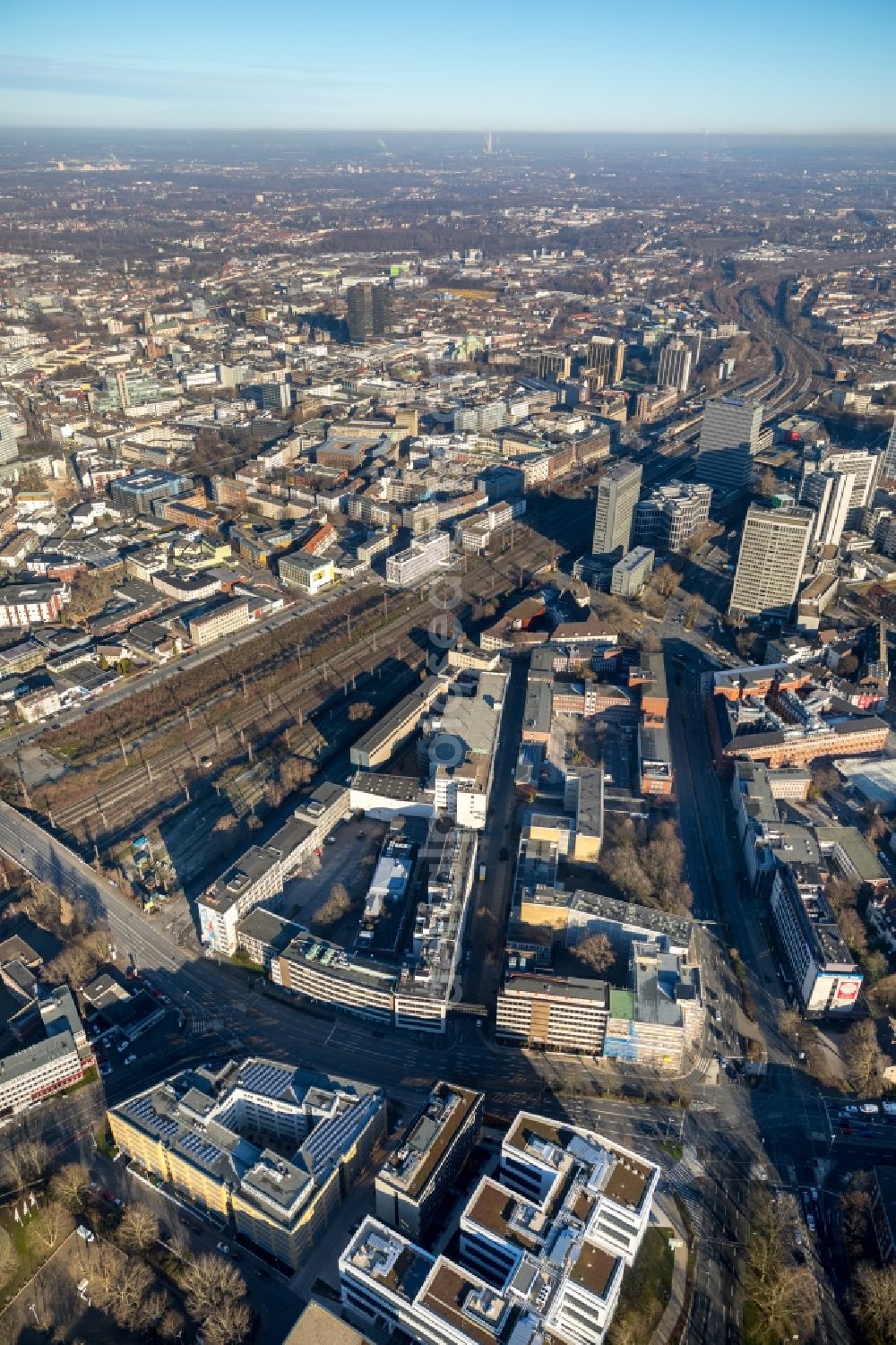 Essen from the bird's eye view: Construction site for reconstruction and modernization and renovation of the office and commercial building Osram Haus into a Boardinghouse in the district Suedviertel in Essen in the state North Rhine-Westphalia, Germany