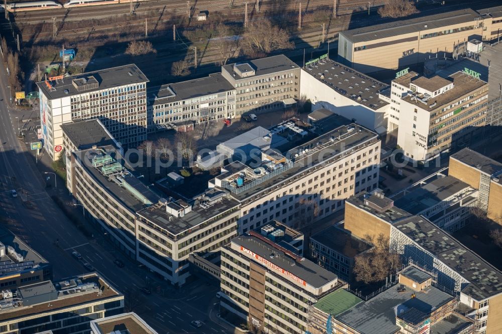 Essen from above - Construction site for reconstruction and modernization and renovation of the office and commercial building Osram Haus into a Boardinghouse in the district Suedviertel in Essen in the state North Rhine-Westphalia, Germany