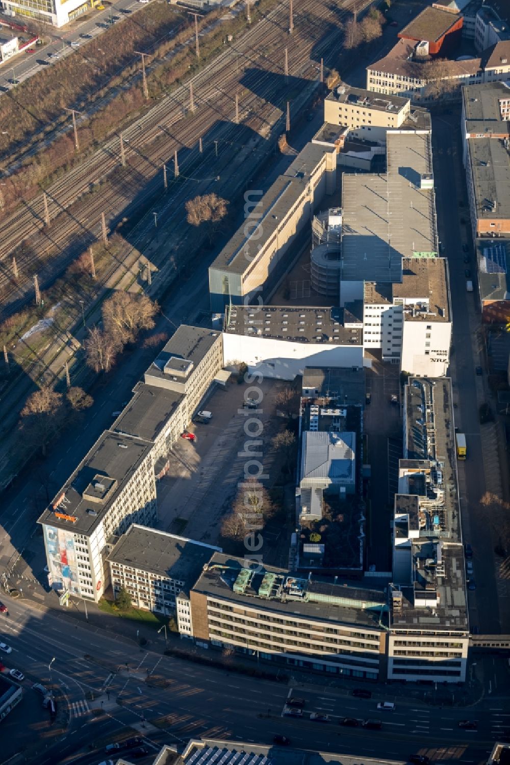 Aerial image Essen - Construction site for reconstruction and modernization and renovation of the office and commercial building Osram Haus into a Boardinghouse in the district Suedviertel in Essen in the state North Rhine-Westphalia, Germany