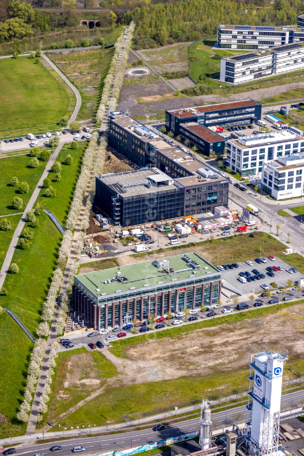 Aerial image Dortmund - Construction site for reconstruction and modernization and renovation of an office and commercial building Phoenix-Arcaden on Antonio-Segni-Strasse in the district Phoenix-West in Dortmund at Ruhrgebiet in the state North Rhine-Westphalia, Germany