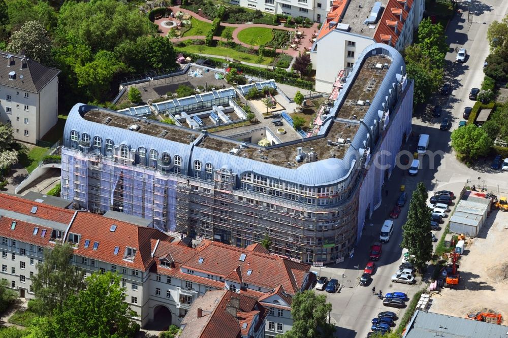 Berlin from above - Construction site for reconstruction and modernization and renovation of an office and commercial building of the medical center on Gotlindestrasse corner Wotanstrasse in the district Lichtenberg in Berlin, Germany