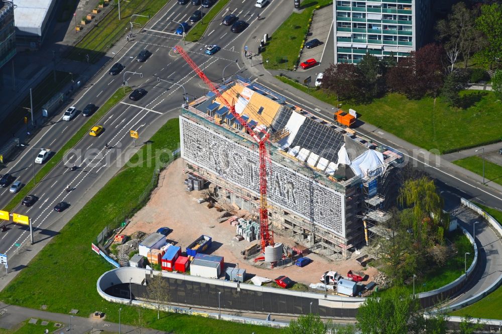 Dresden from above - Construction site for reconstruction and modernization and renovation of an office and commercial building on Sidonienstrasse in Dresden in the state Saxony, Germany