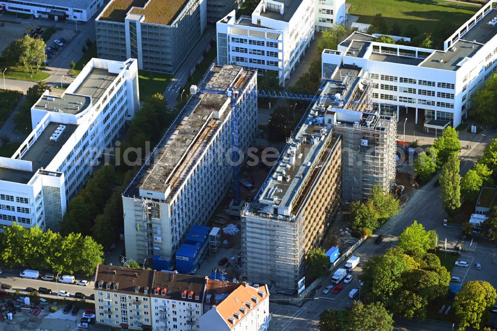 München from above - Construction site for reconstruction and modernization and renovation of an office and commercial building M-YARD on Gmunder Strasse - Hofmannstrasse in the district Obersendling in Munich in the state Bavaria, Germany