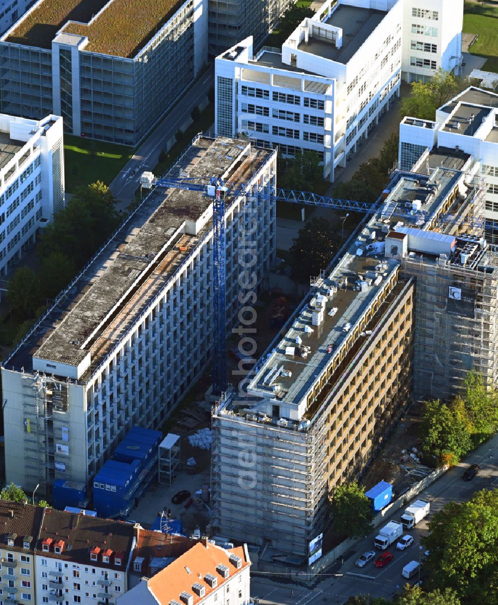 München from the bird's eye view: Construction site for reconstruction and modernization and renovation of an office and commercial building M-YARD on Gmunder Strasse - Hofmannstrasse in the district Obersendling in Munich in the state Bavaria, Germany