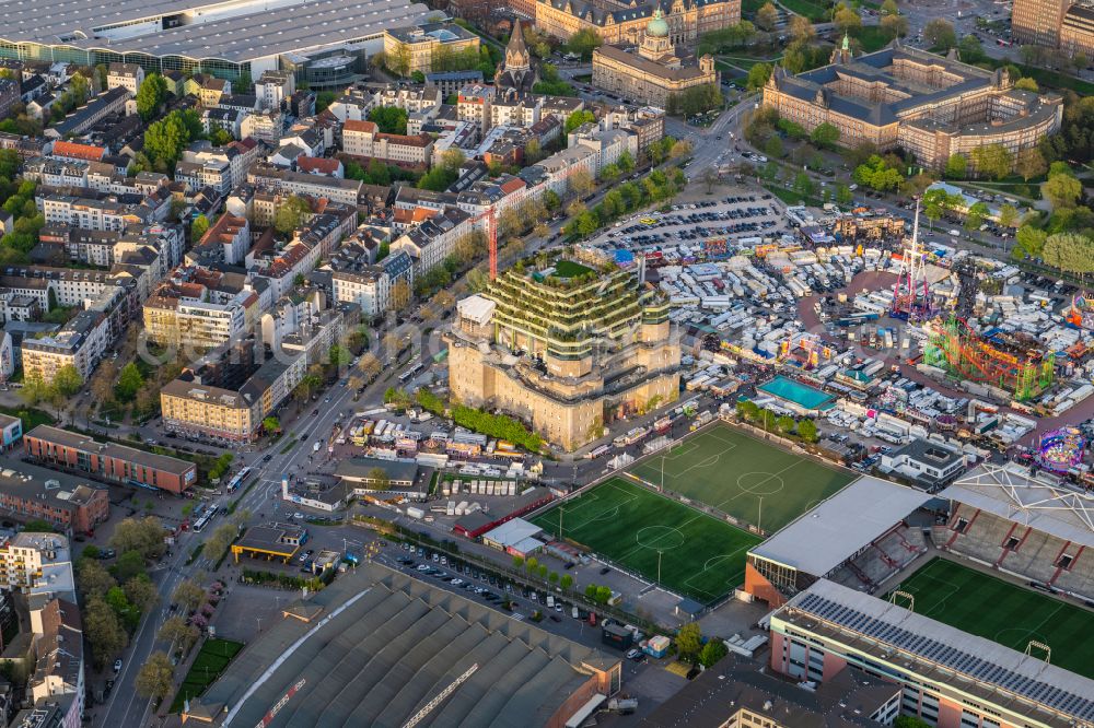 Hamburg from above - Construction site for the conversion of the bunker building complex Medienbunker on Feldstrasse in the district of Sankt Pauli in Hamburg, Germany