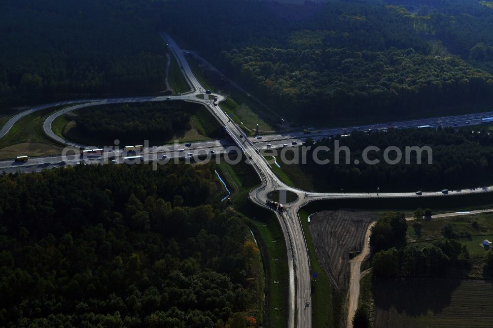 Kremmen from above - Construction site of expansion of the junction Kremmen - Havelland at the motorway A10 and A24 in the state Brandenburg