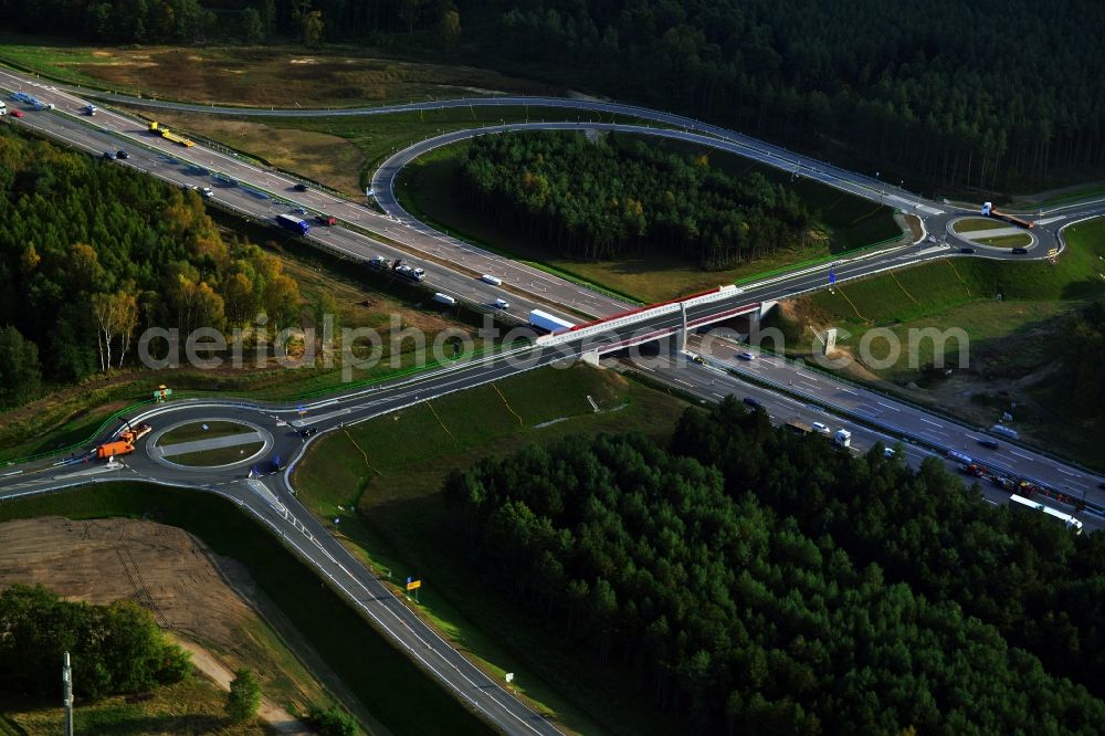 Kremmen from the bird's eye view: Construction site of expansion of the junction Kremmen - Havelland at the motorway A10 and A24 in the state Brandenburg