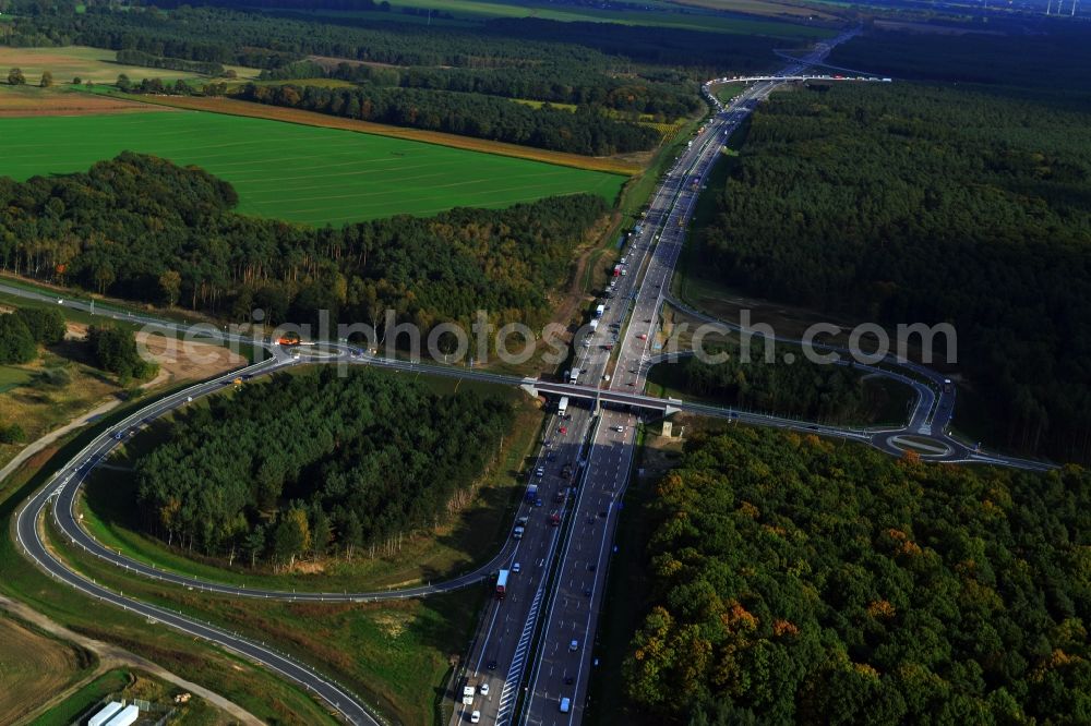 Kremmen from above - Construction site of expansion of the junction Kremmen - Havelland at the motorway A10 and A24 in the state Brandenburg