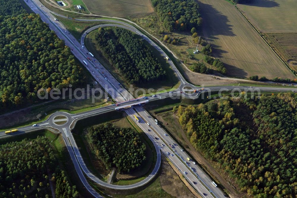 Kremmen from above - Construction site of expansion of the junction Kremmen - Havelland at the motorway A10 and A24 in the state Brandenburg