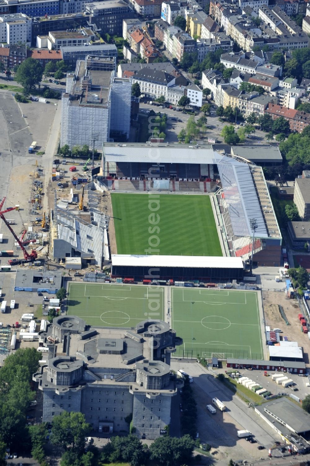 Hamburg from above - View of the gradual conversion and expansion work of the Hamburg Millerntor Stadium / St. Pauli stadium. The stadium is home to the first and 2 Soccer team of FC St. Pauli