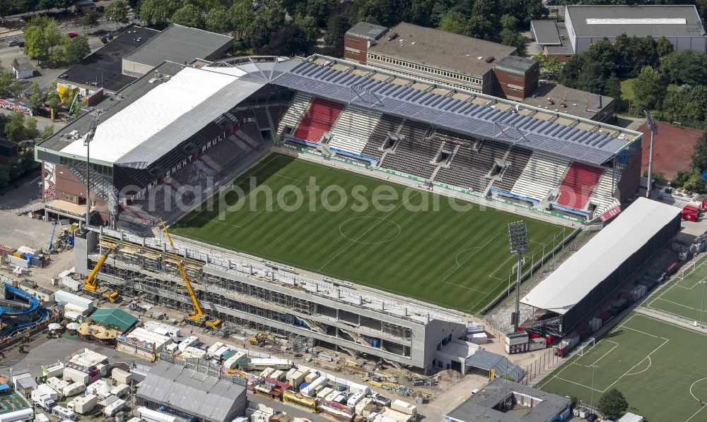 Hamburg from above - View of the gradual conversion and expansion work of the Hamburg Millerntor Stadium / St. Pauli stadium. The stadium is home to the first and 2 Soccer team of FC St. Pauli