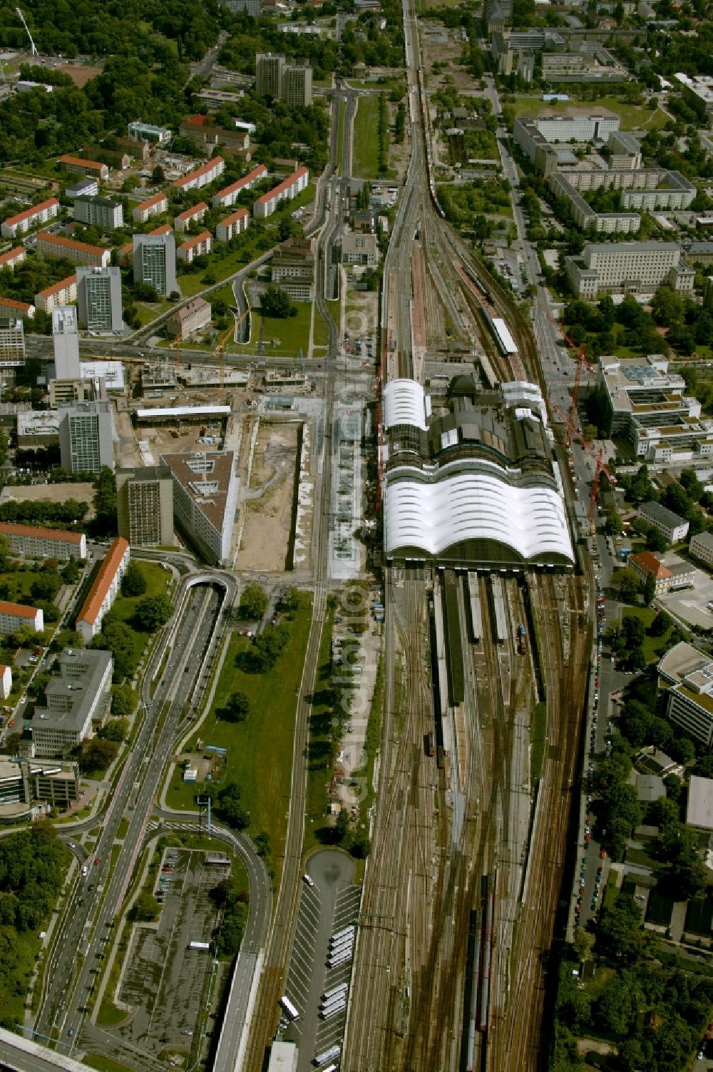 Dresden from above - Track progress and building of the main station of the railway in Dresden in the state Saxony, Germany