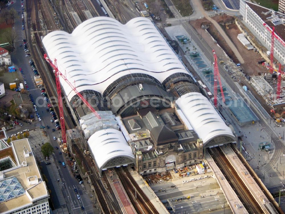 Dresden from above - Track progress and building of the main station of the railway in Dresden in the state Saxony, Germany