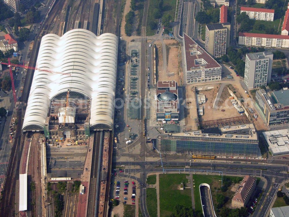 Aerial image Dresden - Construction site of building of the main station of the railway in Dresden in the state Saxony, Germany