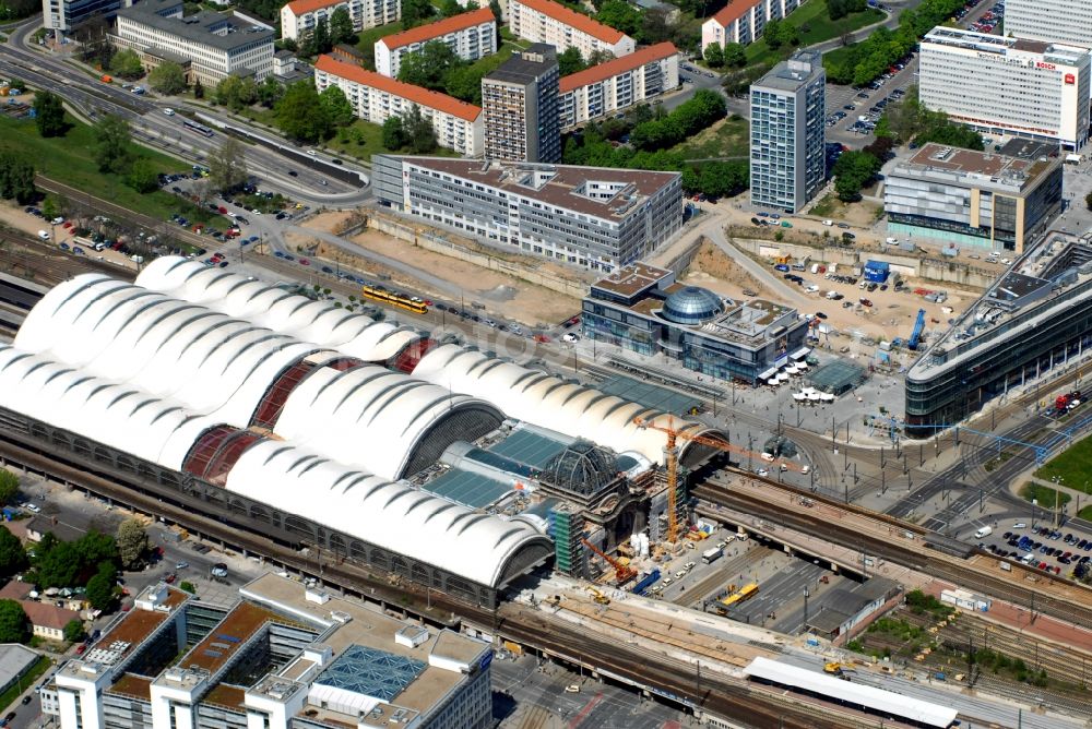 Dresden from above - Track progress and building of the main station of the railway in Dresden in the state Saxony, Germany